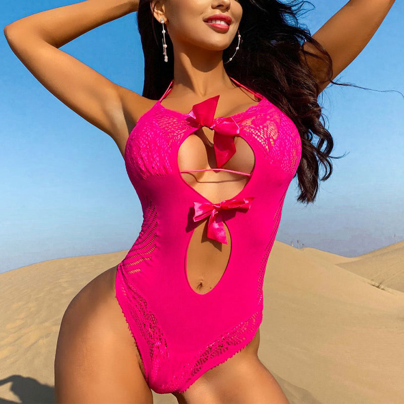 Solid Hollow Out Halter Bow Tie Bodysuit