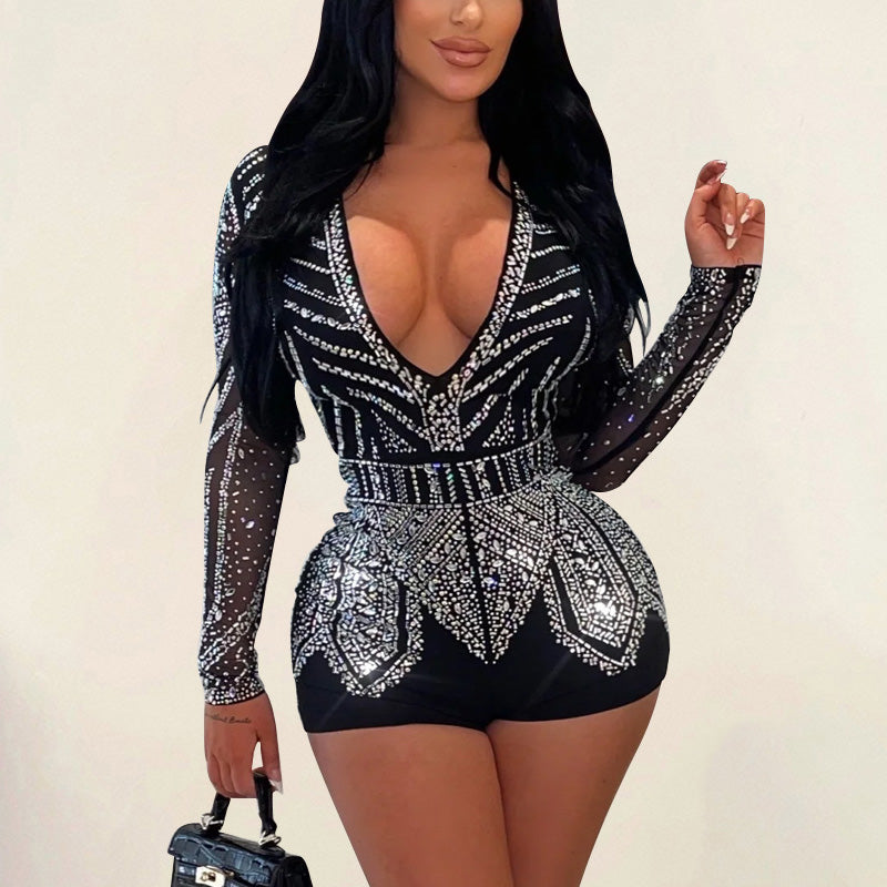 Rhinestone Deep V-Neck Long Sleeve Romper