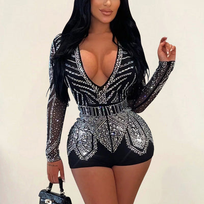 Rhinestone Deep V-Neck Long Sleeve Romper