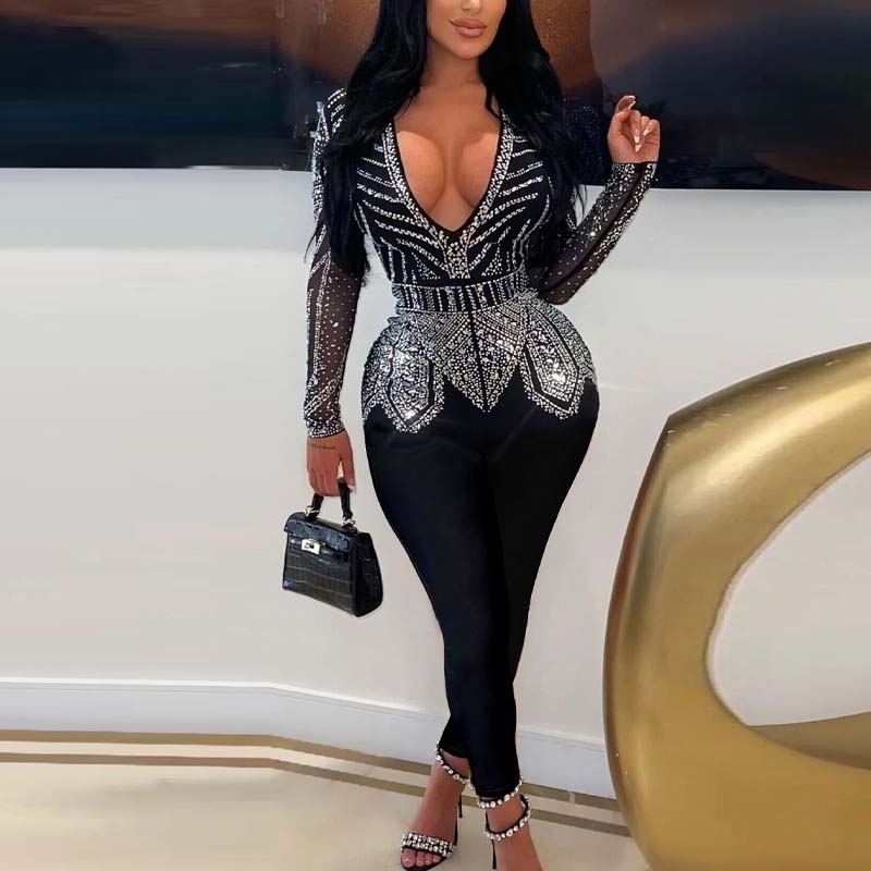 Rhinestone Deep V-Neck Skinny Jumpsuit