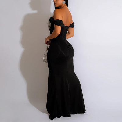 Rhinestone Off Shoulder High Slit Maxi Dress