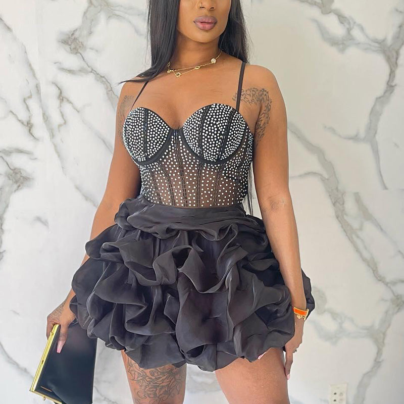 Rhinestone Spaghetti Strap Layered Mini Dress