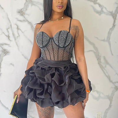 Rhinestone Spaghetti Strap Layered Mini Dress
