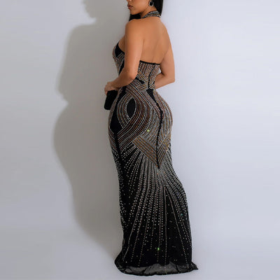 Rhinestone Halter Sheer Mesh Sleeveless Maxi Dress