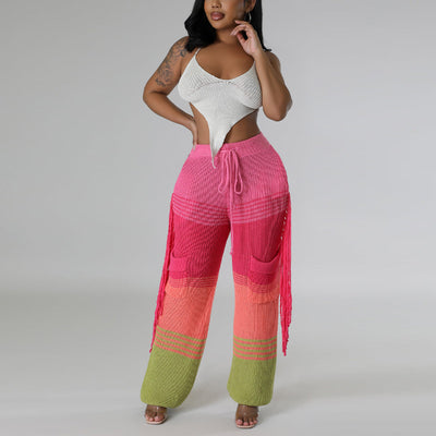 Colorblock Tassels Knitted Pants