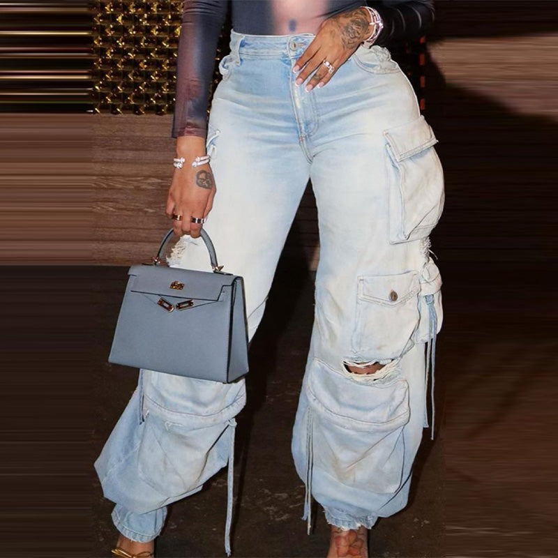 Vintage Pocket Design Cut Out Denim Pants