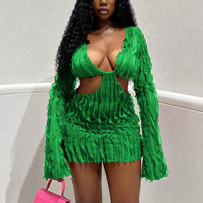 Solid Long Sleeve Cut Out Crinkled Bodycon Dress