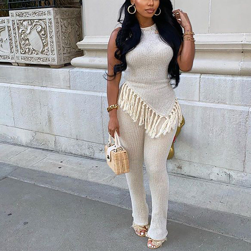 Solid Sleeveless Fringe Top & Pants Set