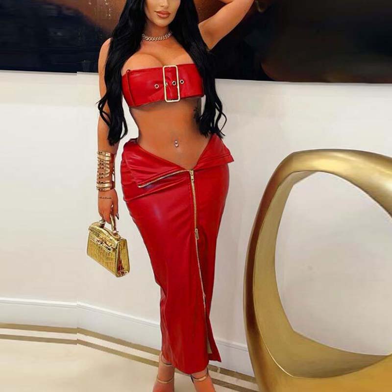 Solid PU Leather 2PCS Skirt Set