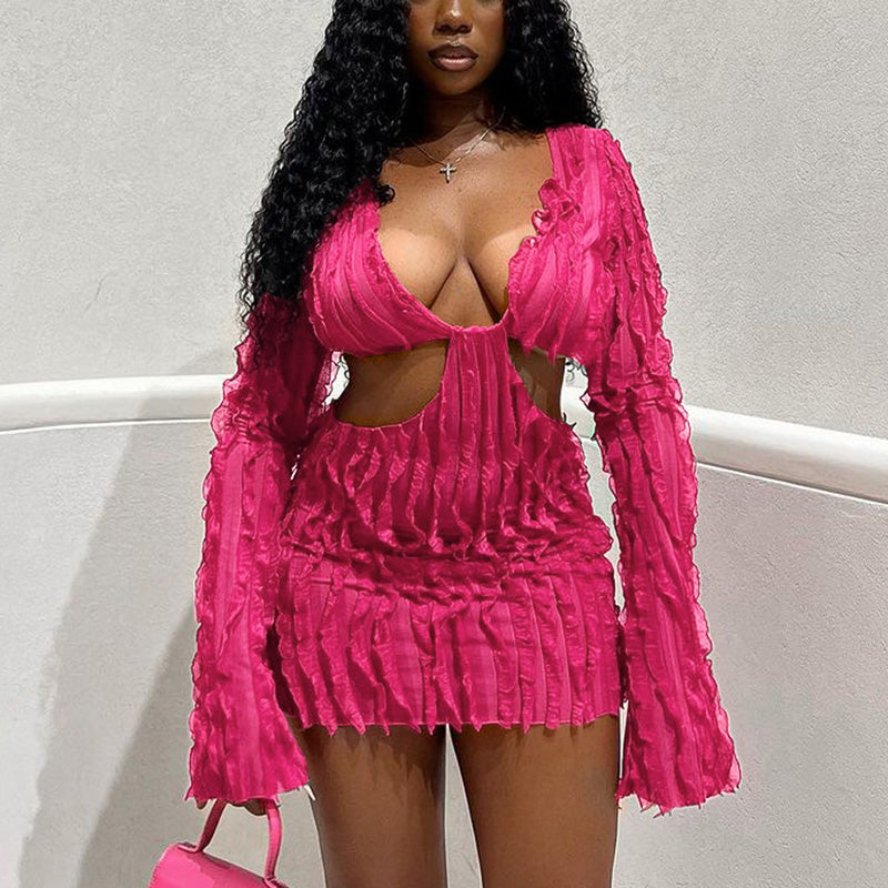Solid Long Sleeve Cut Out Crinkled Bodycon Dress