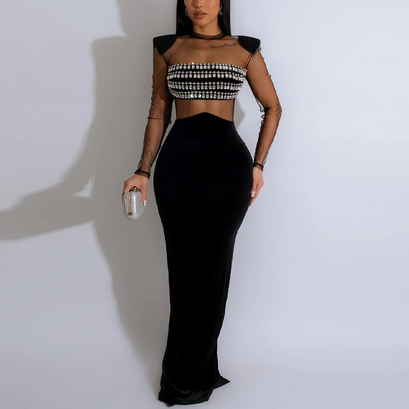 Rhinestone Sheer Mesh Maxi Dress