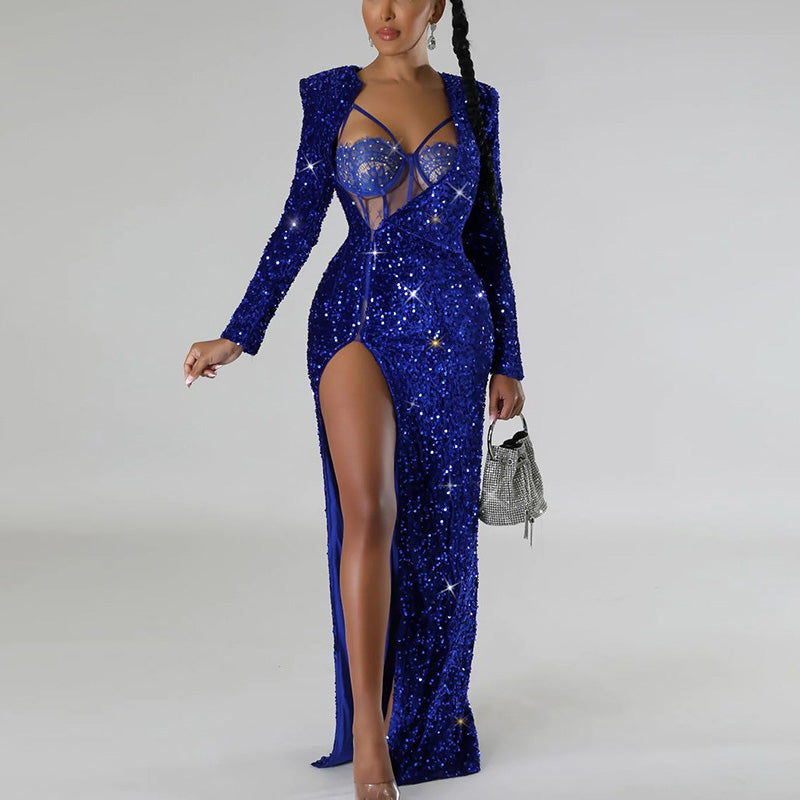 Sequins Long Sleeve High Slit 2PCS Maxi Dress Set