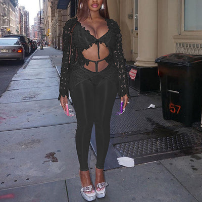 Solid Long Sleeve Crop Top & Sheer Mesh Pants Set