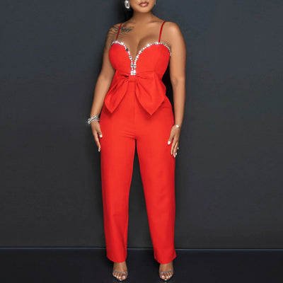 Rhinestone Spaghetti Strap Bowknot Jumpsuit