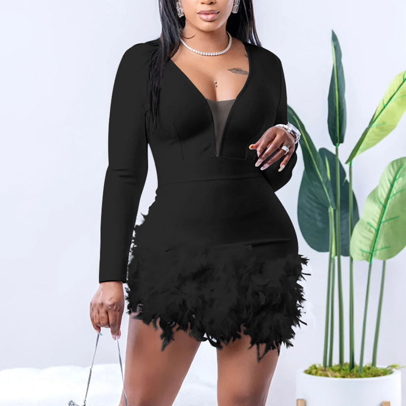 Solid V-Neck Feather Deatailed Romper