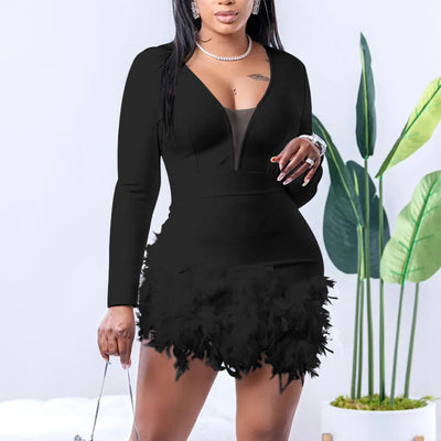 Solid V-Neck Feather Deatailed Romper
