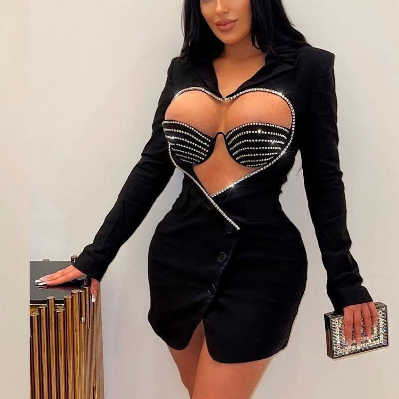 Rhinestone Hollow Out Heart Pattern 2PCS Dress Set