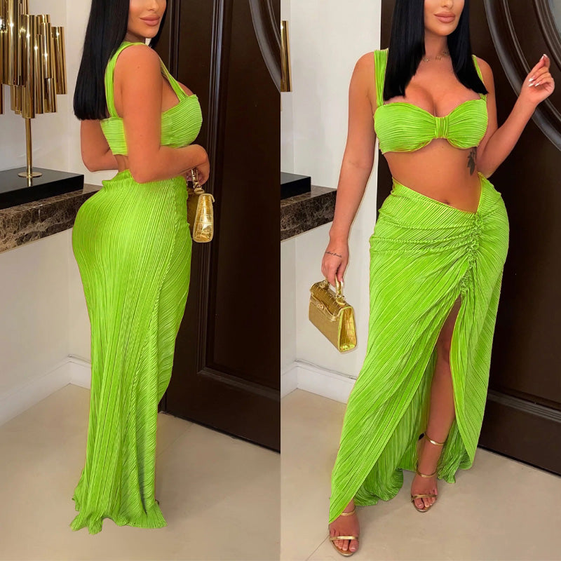 Solid Textured High Slit 2PCS Skirt Set