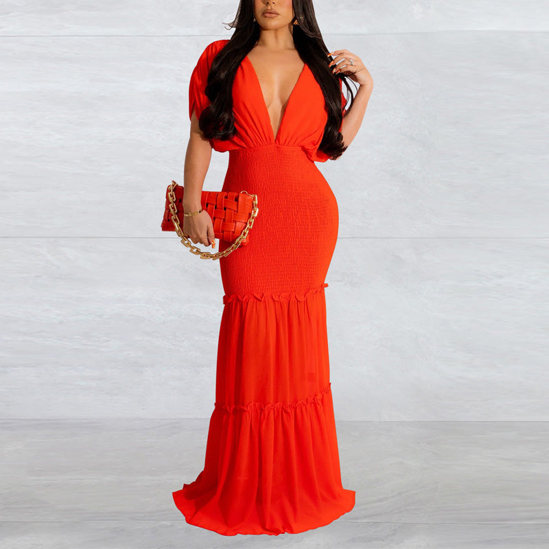 Solid Deep V-Neck Maxi Dress