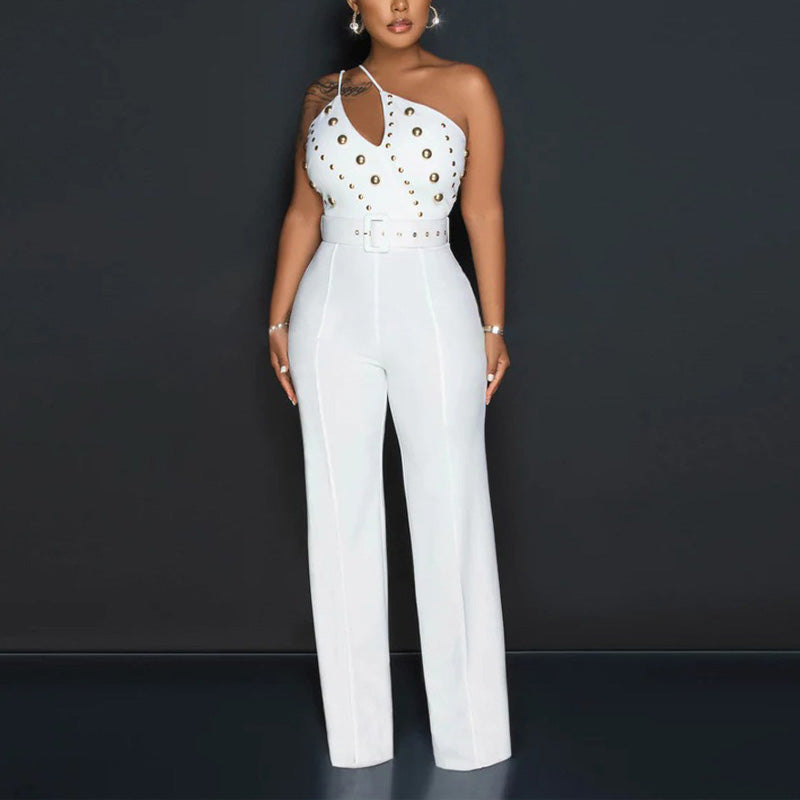 Solid Oblique Shoulder Studded Wide Leg Jumpsuit