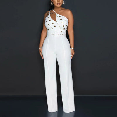 Solid Oblique Shoulder Studded Wide Leg Jumpsuit