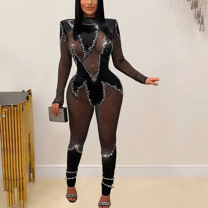 Rhinestone High Neck Sheer Mesh Jumpsuit
