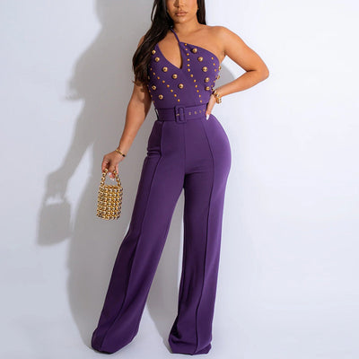 Solid Oblique Shoulder Studded Wide Leg Jumpsuit
