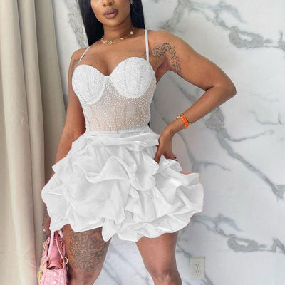 Rhinestone Spaghetti Strap Layered Mini Dress