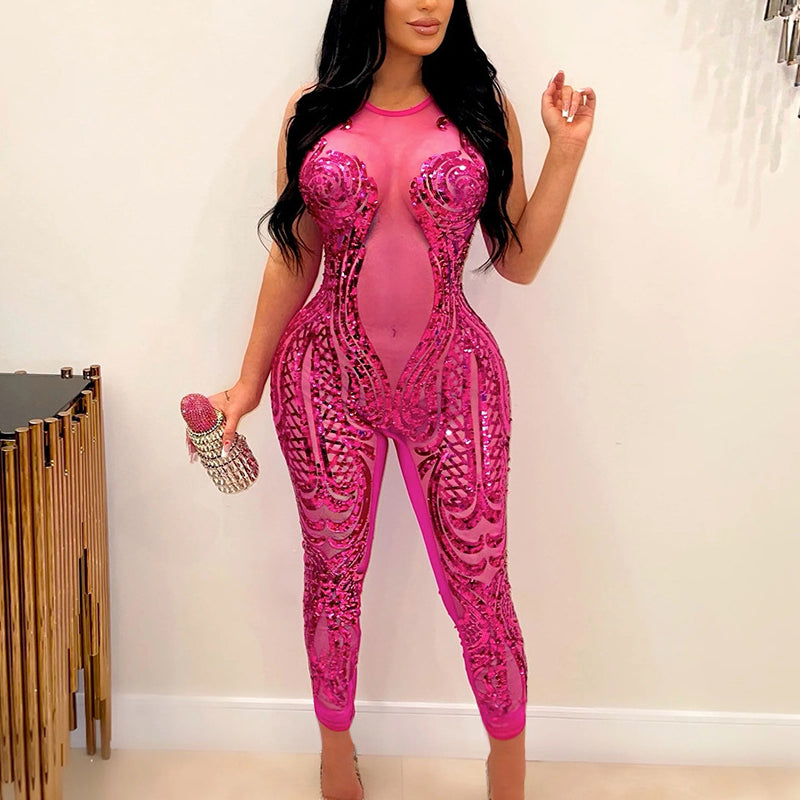 Sequin Sheer Mesh Sleeveless Jumpsuit