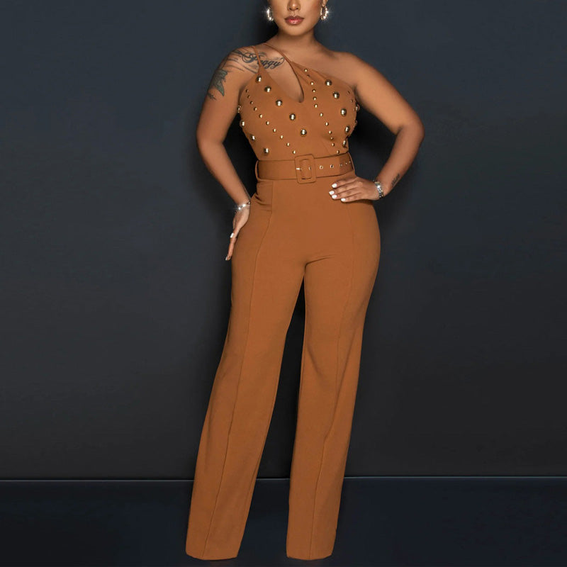 Solid Oblique Shoulder Studded Wide Leg Jumpsuit
