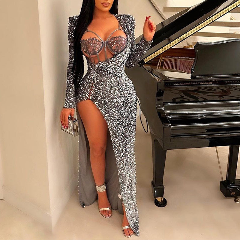 Sequins Long Sleeve High Slit 2PCS Maxi Dress Set
