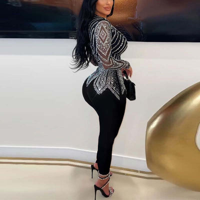 Rhinestone Deep V-Neck Skinny Jumpsuit