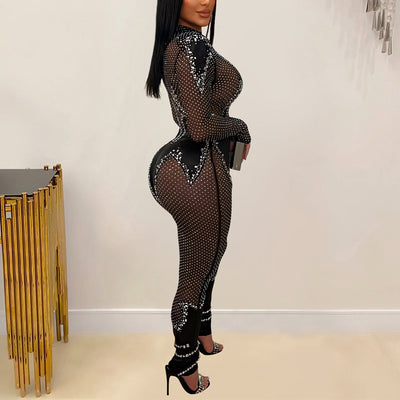 Rhinestone High Neck Sheer Mesh Jumpsuit