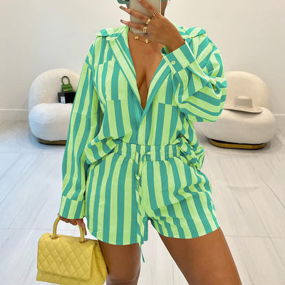 Striped Long Sleeve Blouse & Shorts Set