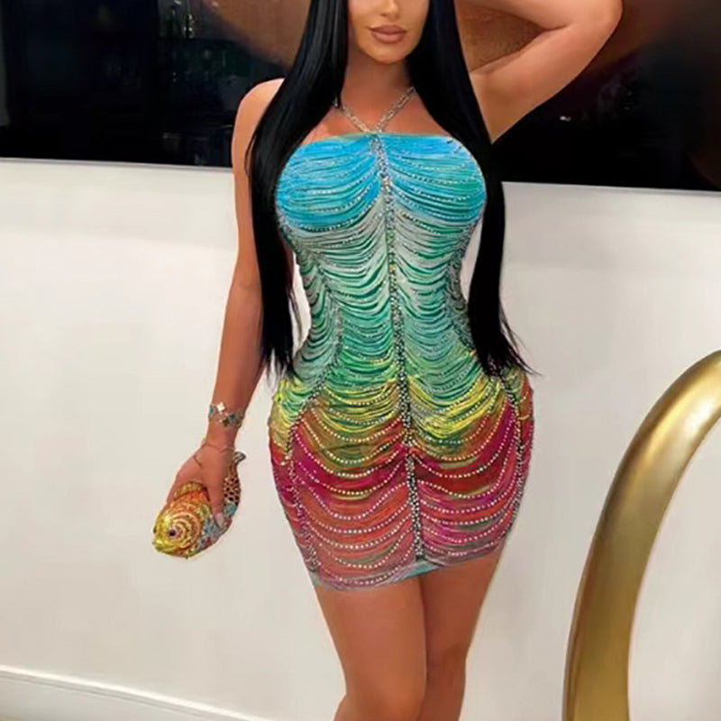 Colorful Print Rhinestone Bodycon Dress