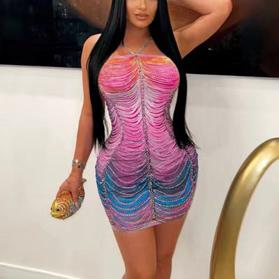 Colorful Print Rhinestone Bodycon Dress