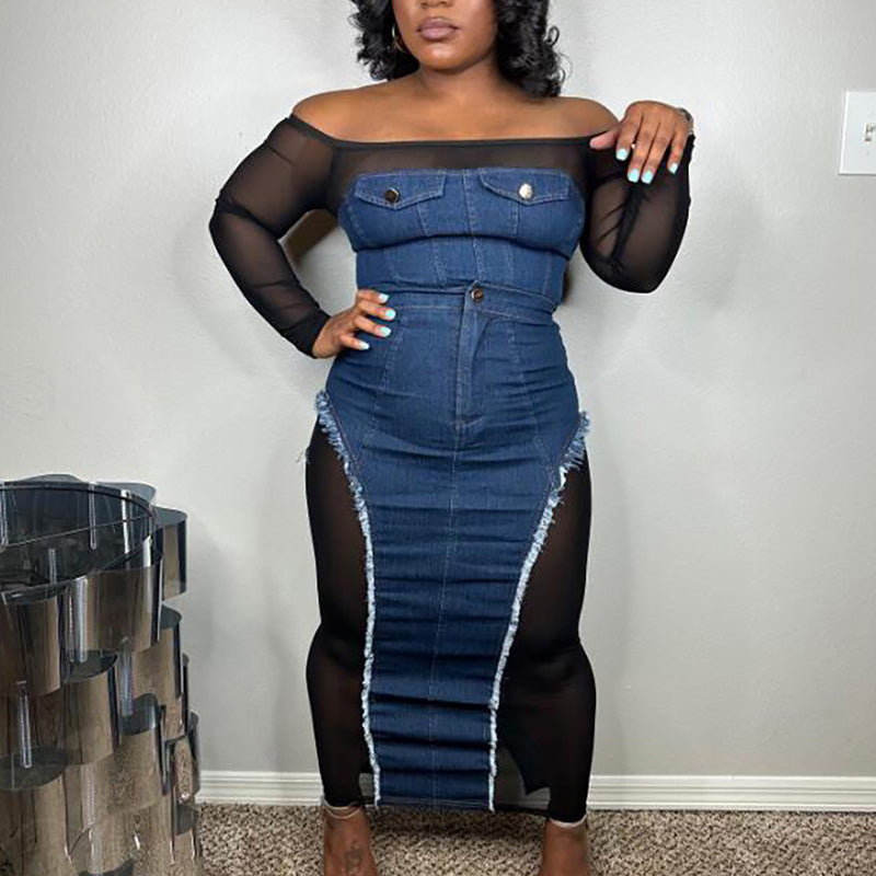 Sheer Mesh Off Shoulder Denim Maxi Dress