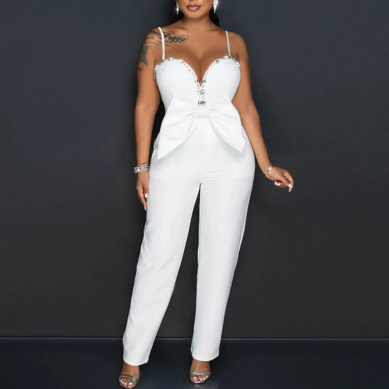Rhinestone Spaghetti Strap Bowknot Jumpsuit
