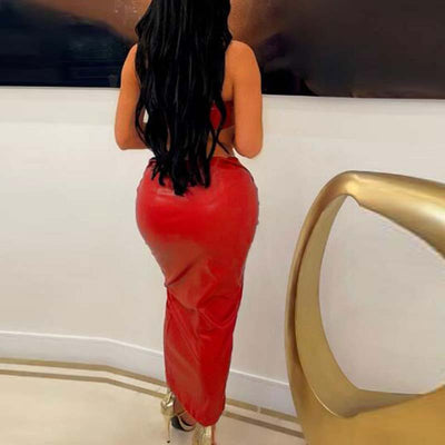 Solid PU Leather 2PCS Skirt Set