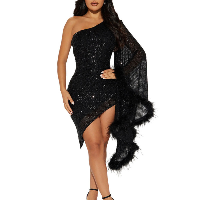 Sequin Oblique Shoulder Feather Detailed Bodycon Dress
