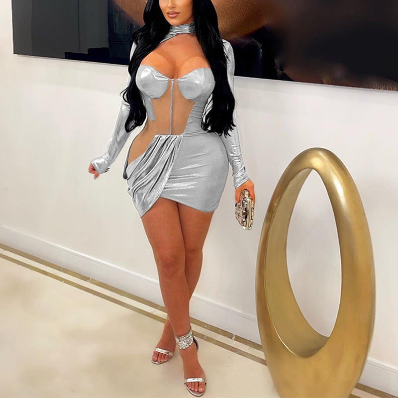 Solid Sheer Mesh Patch Bodycon Dress
