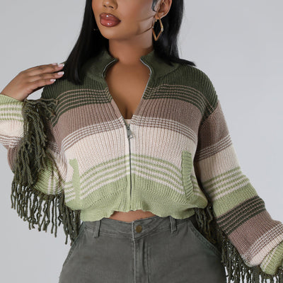 Colorful Tassles Long Sleeve Crop Sweater