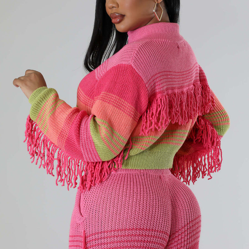 Colorful Tassles Long Sleeve Crop Sweater