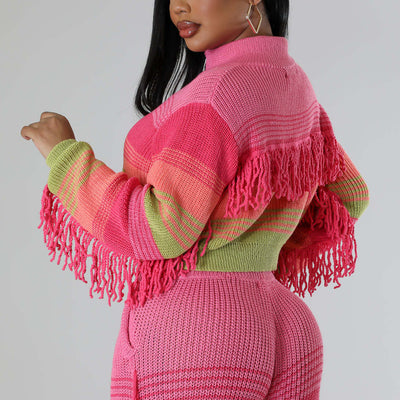 Colorful Tassles Long Sleeve Crop Sweater