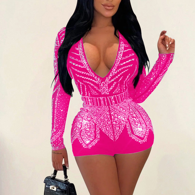 Rhinestone Deep V-Neck Long Sleeve Romper