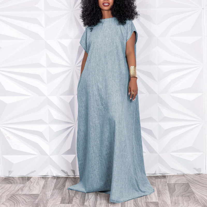 Denim Back V-Shaped Short Sleeve Maxi Dress