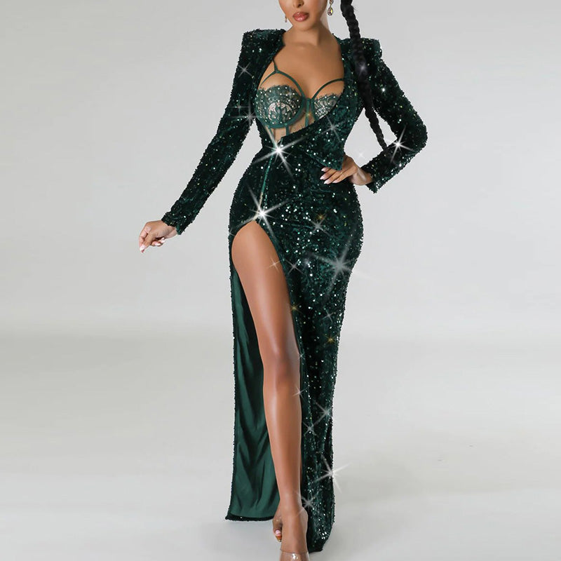 Sequins Long Sleeve High Slit 2PCS Maxi Dress Set