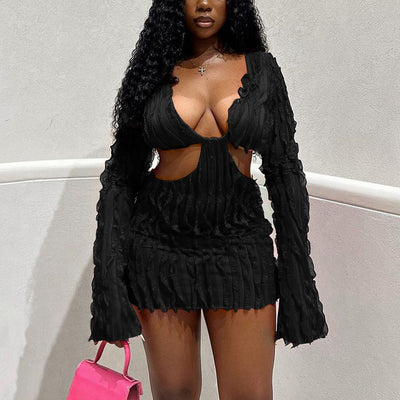 Solid Long Sleeve Cut Out Crinkled Bodycon Dress