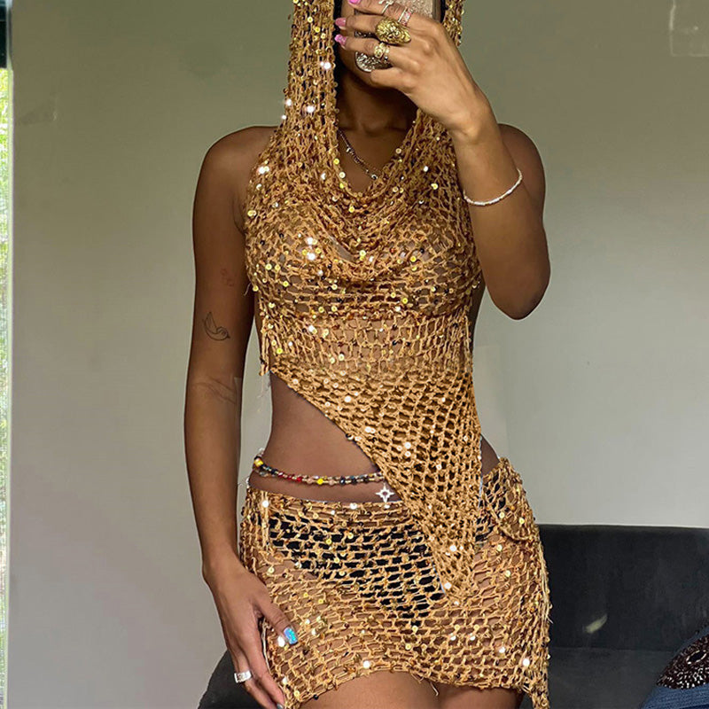 Sequins Hollow Out Hoodie 2PCS Skirt Set