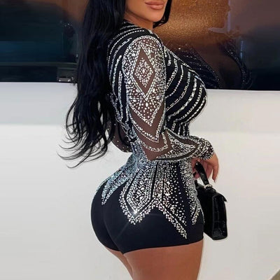 Rhinestone Deep V-Neck Long Sleeve Romper